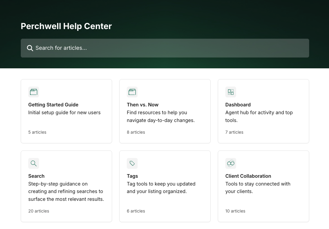 Preview of the Perchwell Help Center search and article categories